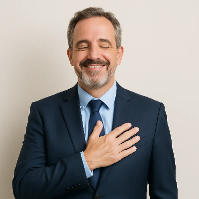 눈을 감고 가슴에 손을 얹으며 미소 짓는 정장 차림 남성의 텍스트 없는 안도감 있는 인물 이미지