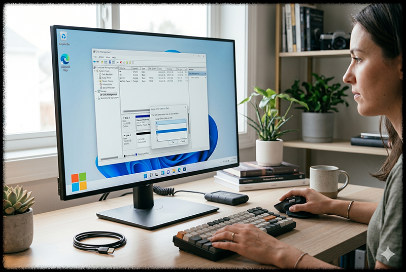 외장하드에 드라이브 문자를 할당하는 모습