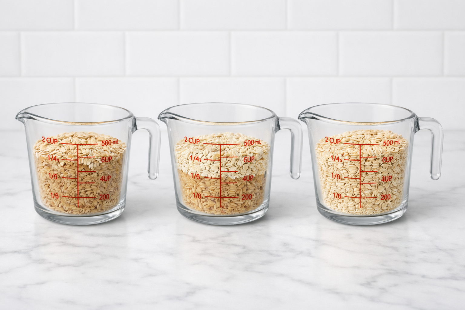 1) Mostly brown rice with some oats, 2) Half brown ricehalf oats, 3) Pure oats. Minimalist, clean, instructional.