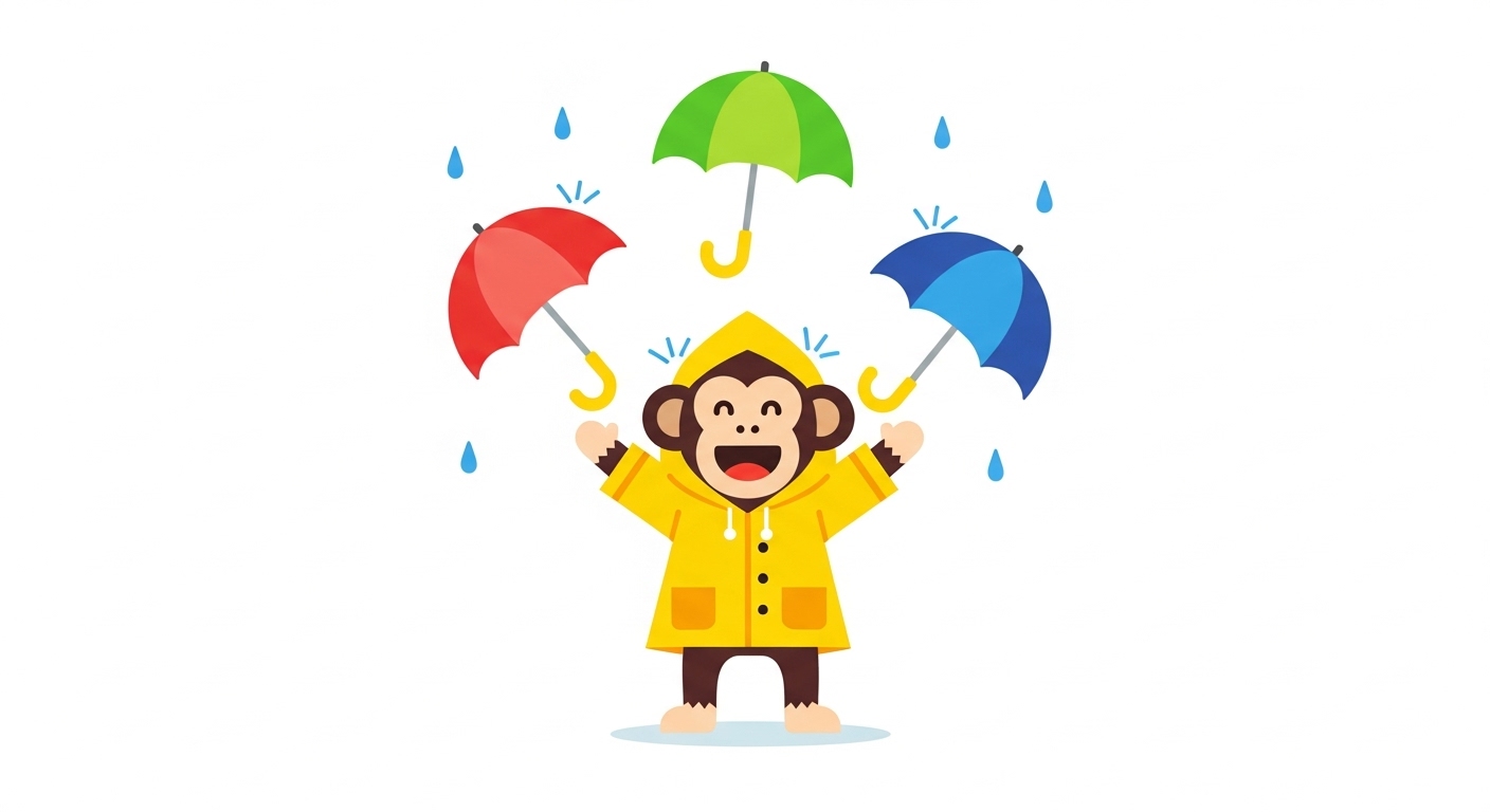 빗속에서 우산을 저글링하며 즐겁게 상황을 즐기는 재치 있는 원숭이 캐릭터 일러스트