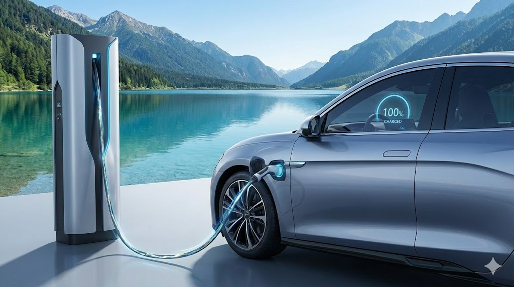 미래형 초급속 충전소에서 고해상도로 표현된 전기차 충전 시스템의 혁신적 이미지