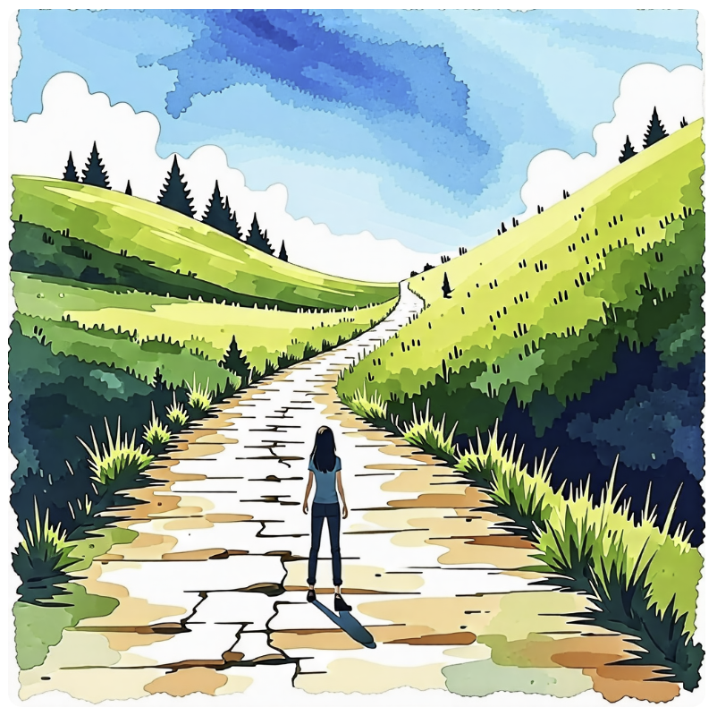 수채화 풍으로 작고 단순한 캐릭터가 성공의 오르막길을 아래에서 부터 한걸음 나가아려고 준비하는 뒷 모습