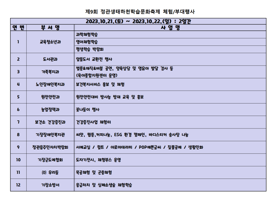 정관생태하천 학습문화축제 일정