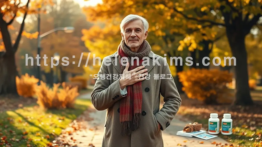 가을 단풍으로 물든 고요한 공원에서, 따뜻한 코트를 입은 남성이 한 손으로 가슴을 감싸며 편안하지만 사려 깊게 건강을 돌보는 모습. 주변에 놓인 약병들 모습.