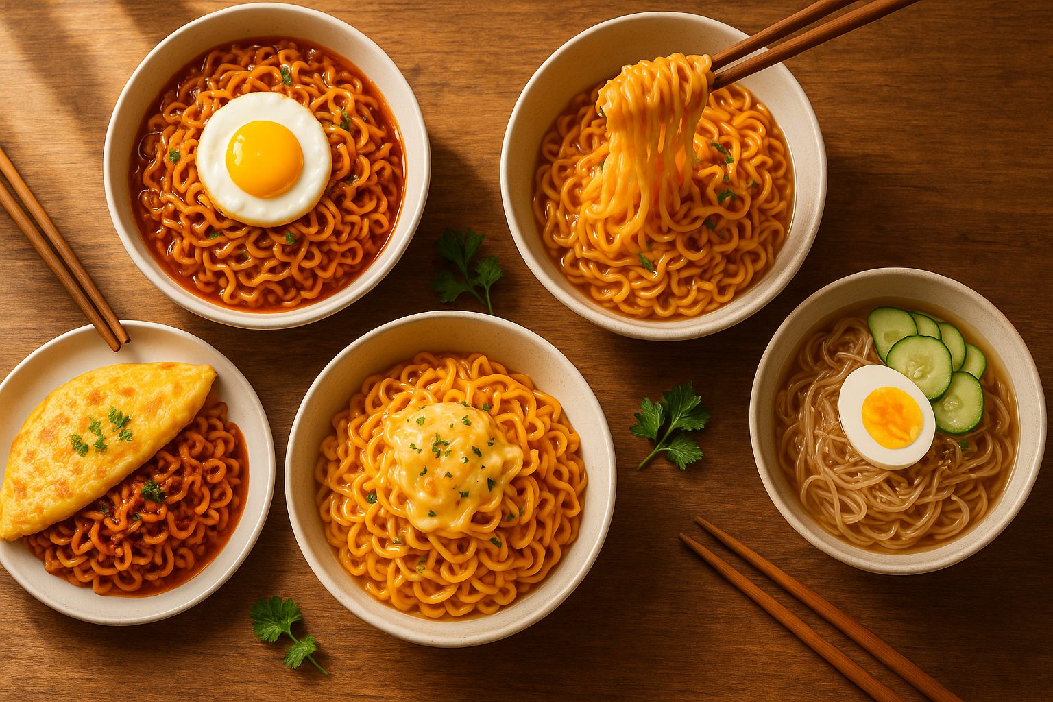 다양한 한국 라면 요리들이 예쁘게 배치된 푸드 스타일링 이미지