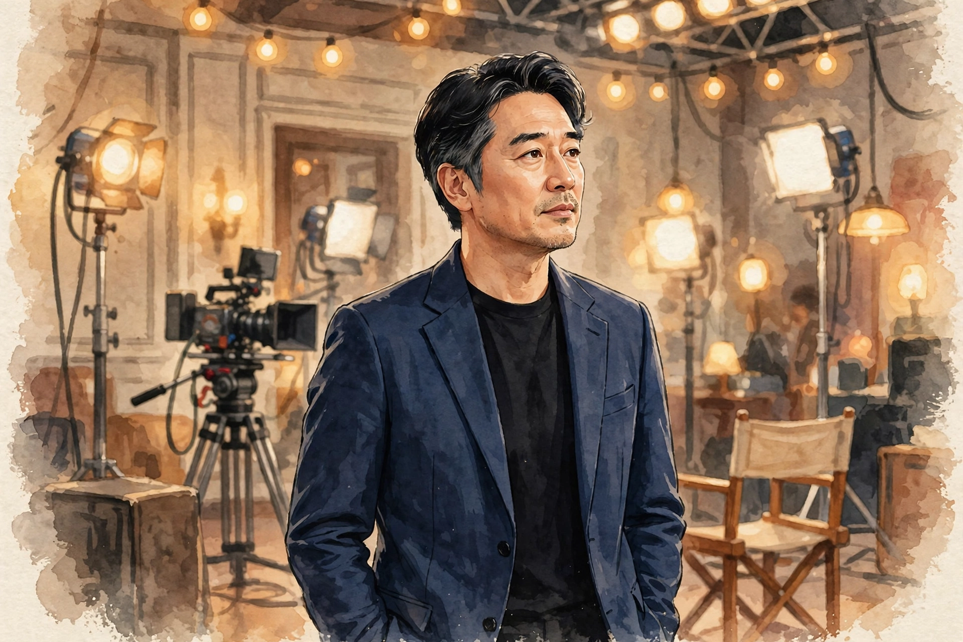 드라마 촬영장에서 정장을 입고 서 있는 중년 남자 배우 일러스트
