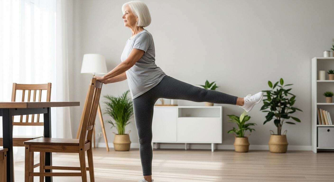 의자를 잡고 다리를 옆으로 들어 올리는 장면