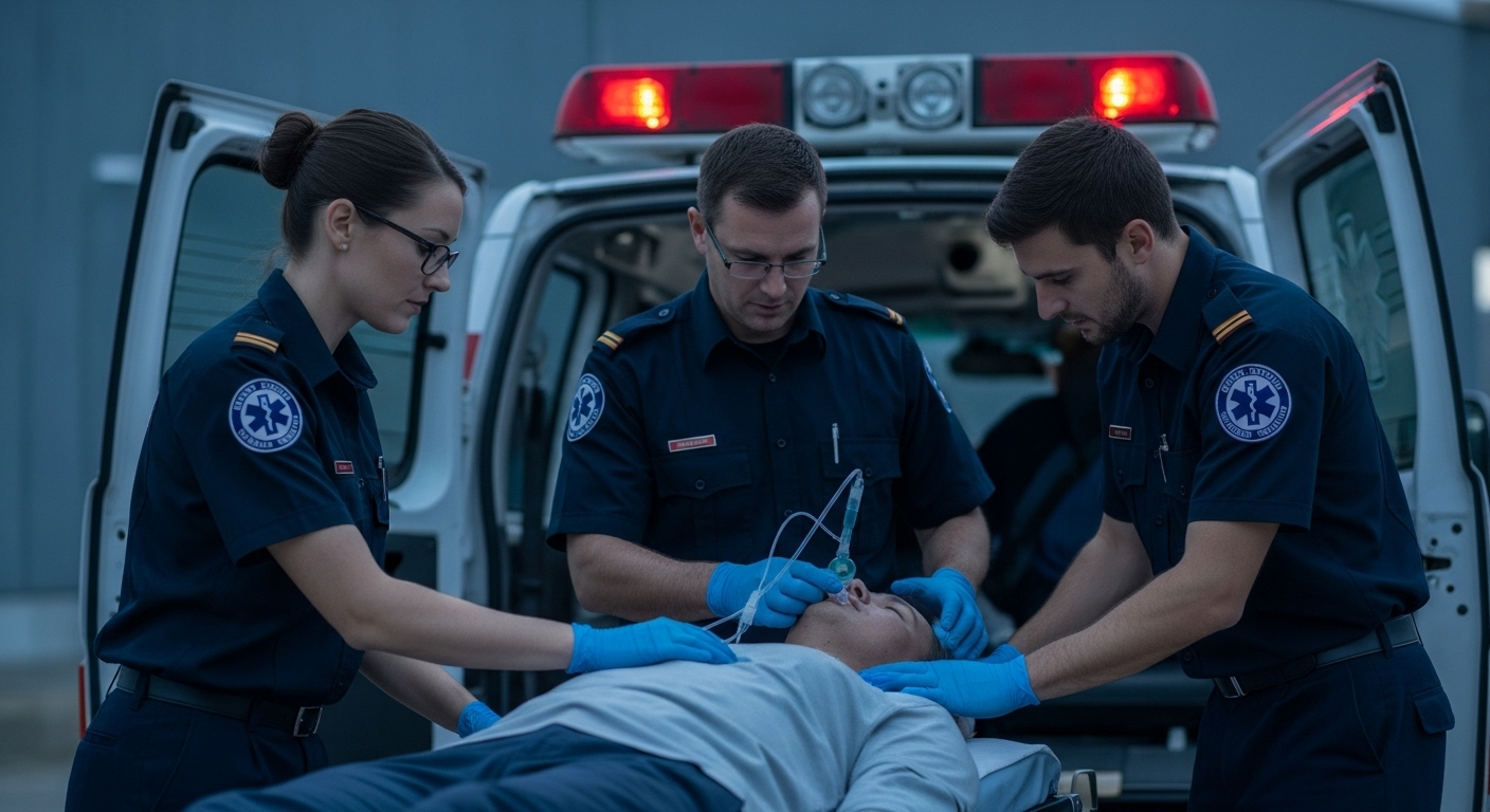 뇌출혈 의심 환자에게 119 구급대원들이 침착하게 응급 처치하는 장면. 신속하고 정확한 대처의 중요성을 강조.