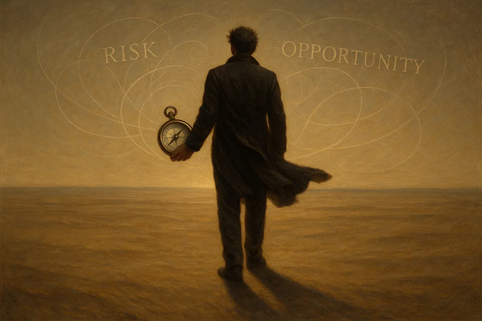 광활한 미개척지를 배경으로 나침반을 들고 미래를 가리키는 투자자의 역동적인 뒷모습을 담은 이미지. '위험'과 '기회'라는 키워드가 반투명하게 오버레이됨