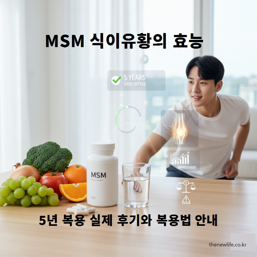 MSM 효능을 설명하는 이미지로, 건강한 남성이 MSM 보충제를 복용하는 장면과 함께 과일, 채소, 영양제 병이 식탁 위에 놓여 있다.