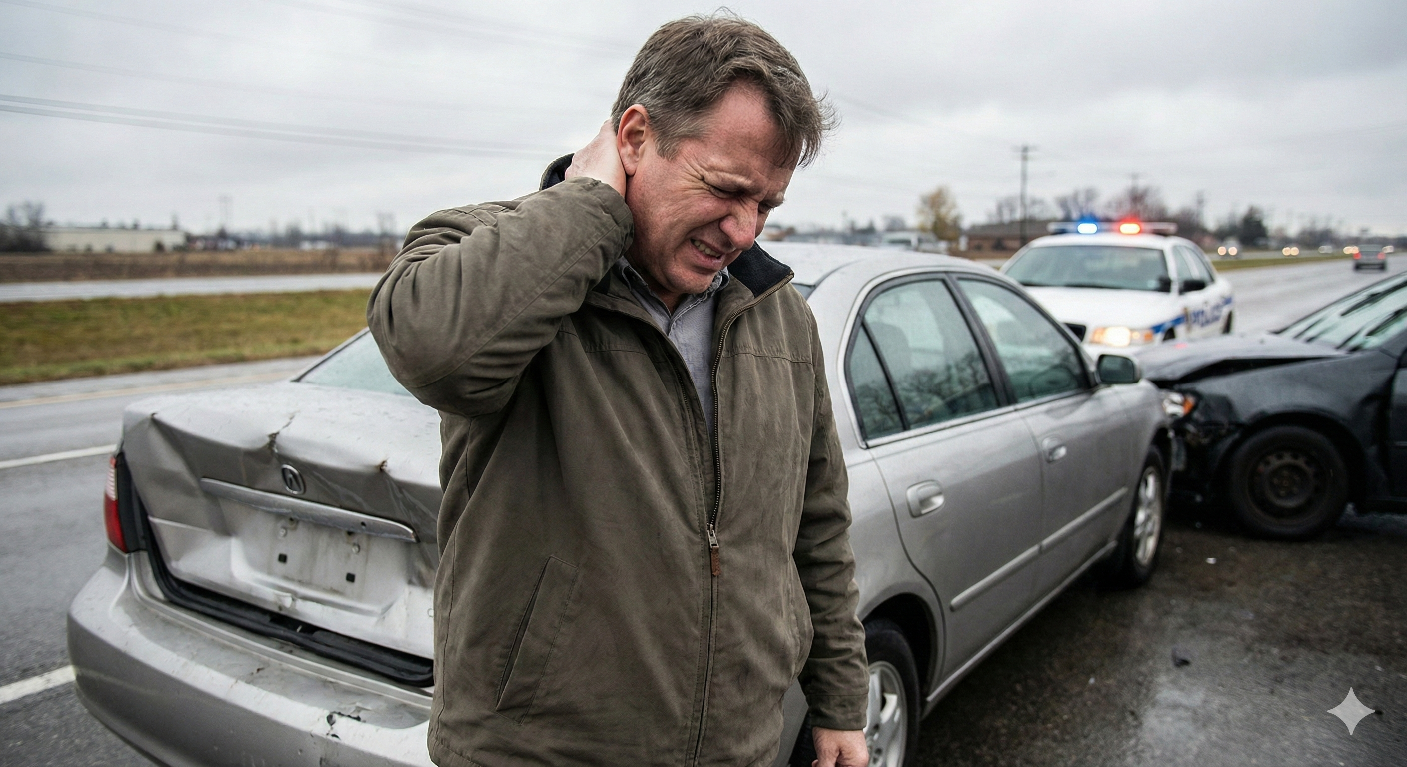 도로 위 추돌 사고 직후 뒷목을 잡고 고통스러워하는 운전자의 모습
