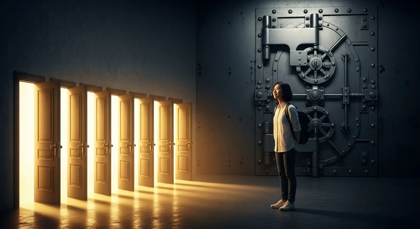 은행에서 거절당해 낙담한 사람이 정부지원 마크가 찍힌 5개의 새로운 문을 발견하고 희망을 갖는 모습