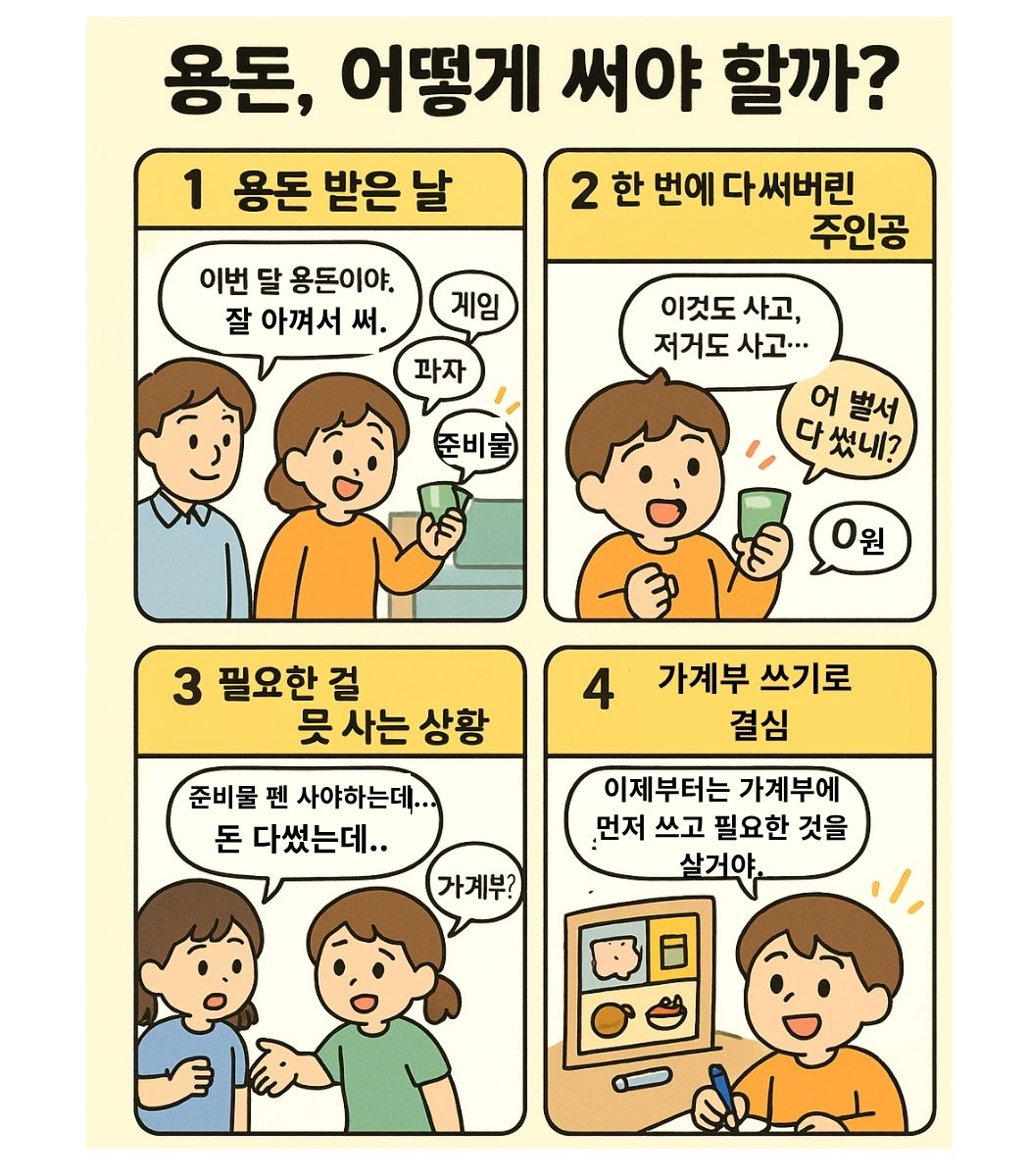 부모님께 용돈을 받고 한 번에 다 써서 필요한 것을 못 사는 어린이, 앞으로 가계부를 써서 올바른 소비습관을 기르기로 결심