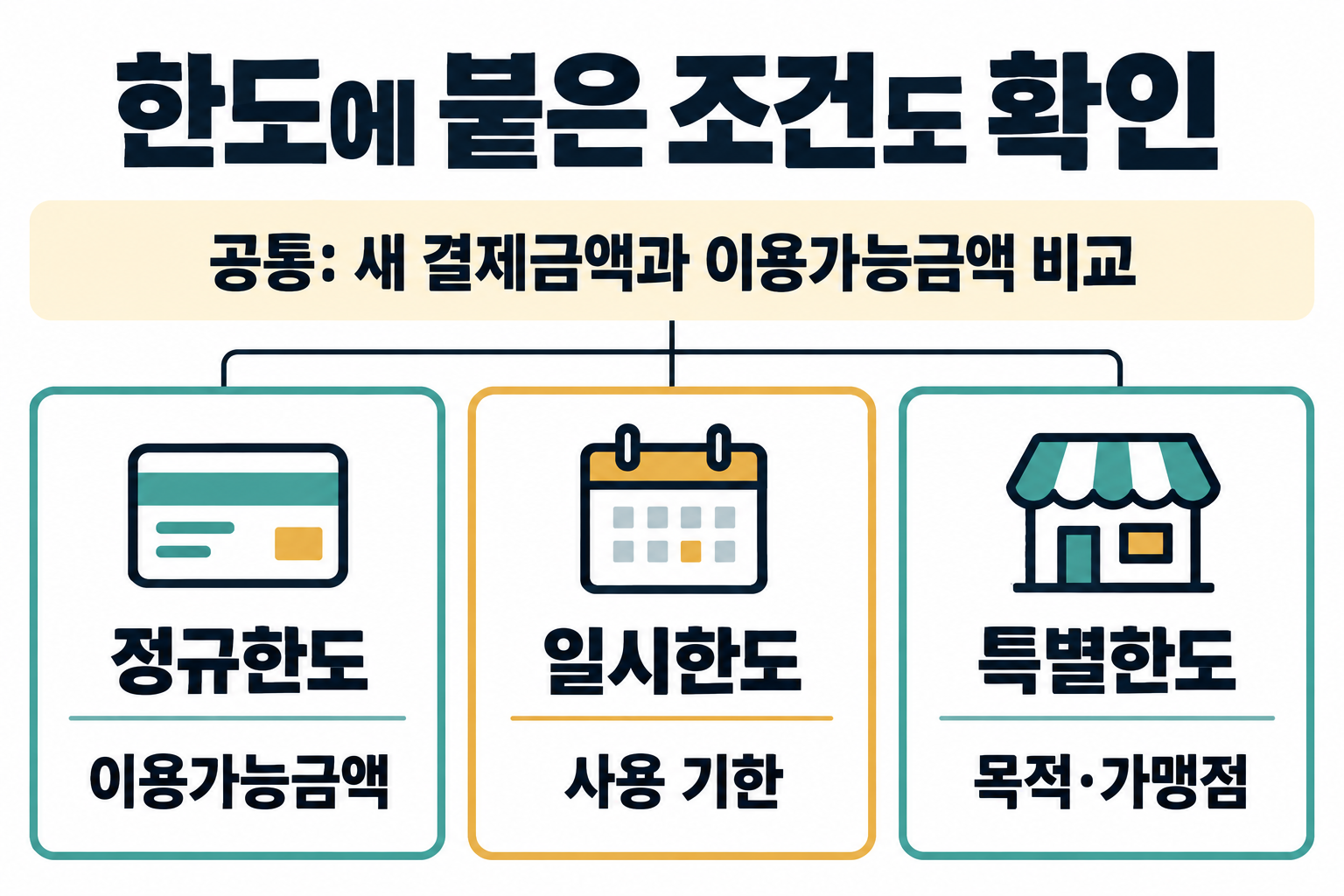 정규한도는 이용가능금액, 일시한도는 사용 기한, 특별한도는 목적·가맹점 조건을 확인하는 비교도