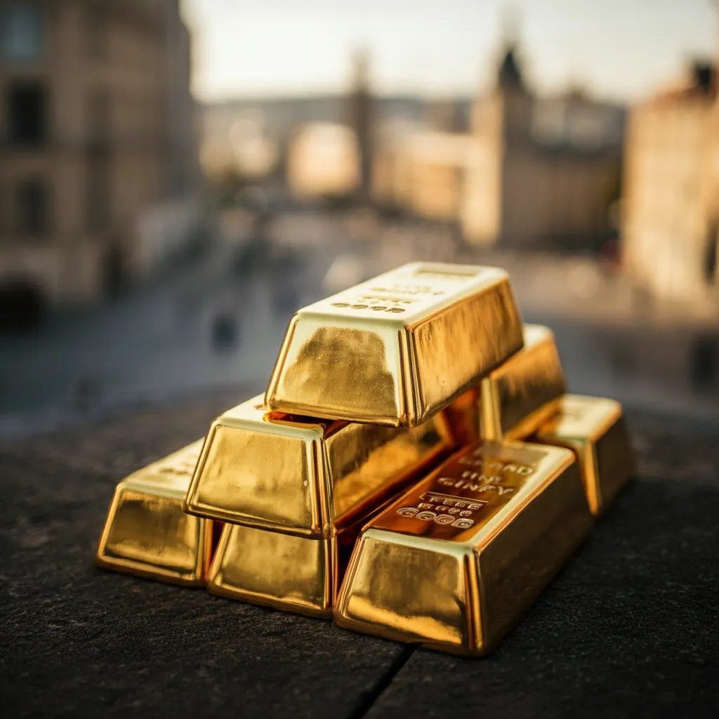 도시 배경 위에 쌓여 있는 여러 개의 반짝이는 금괴