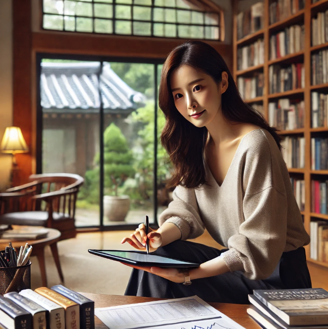 홈 라이브러리에서 노트를 작성하는 젊은 여성