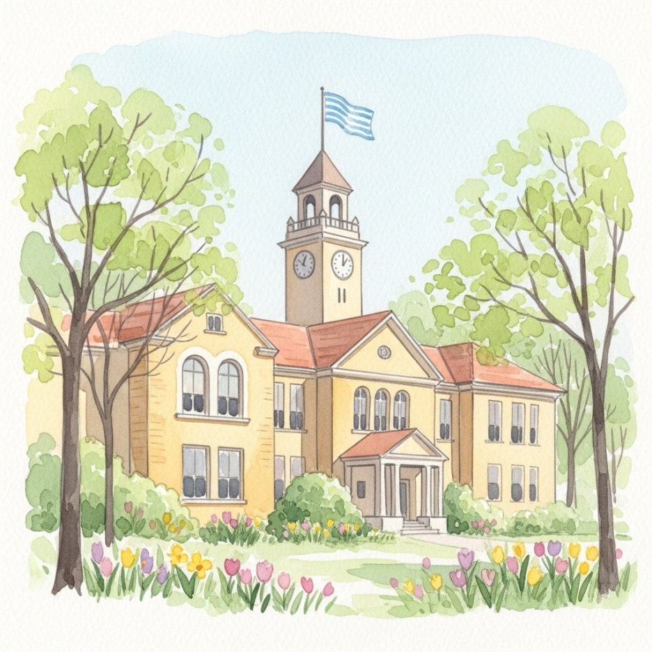 봄꽃이 피어 있는 평화로운 학교 건물의 수채화