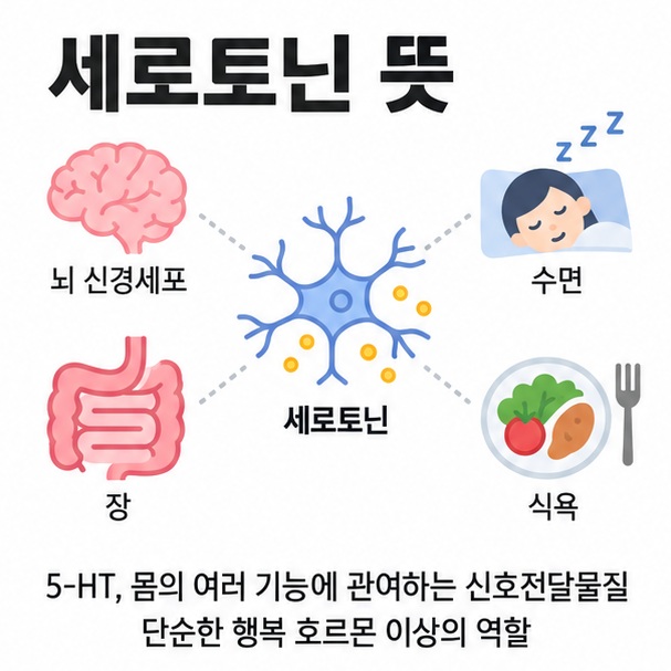 세로토닌 뜻이라는 제목과 뇌 신경세포, 장, 수면과 식욕 아이콘을 함께 표현한 대표 이미지