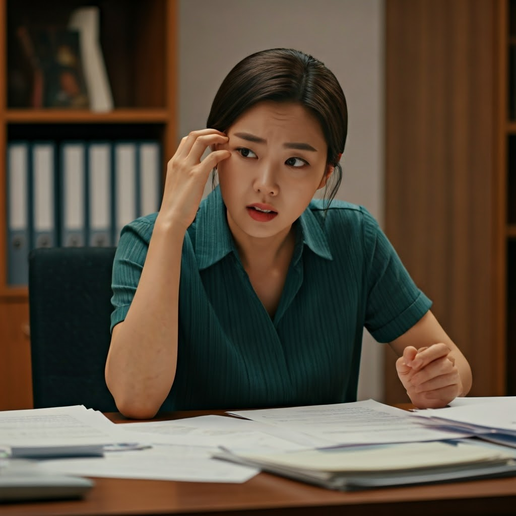 신경을 엄청 쓰고 있는 여성 사진