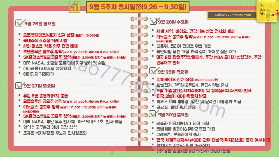 9월 5주 증시일정