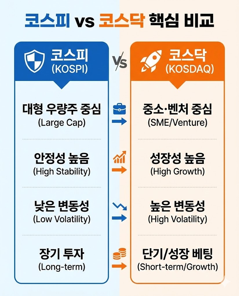 코스피 vs 코스닥 핵심 비교표. 대형주 안정성 및 낮은 변동성 vs 중소벤처 성장성 및 높은 변동성 요약.