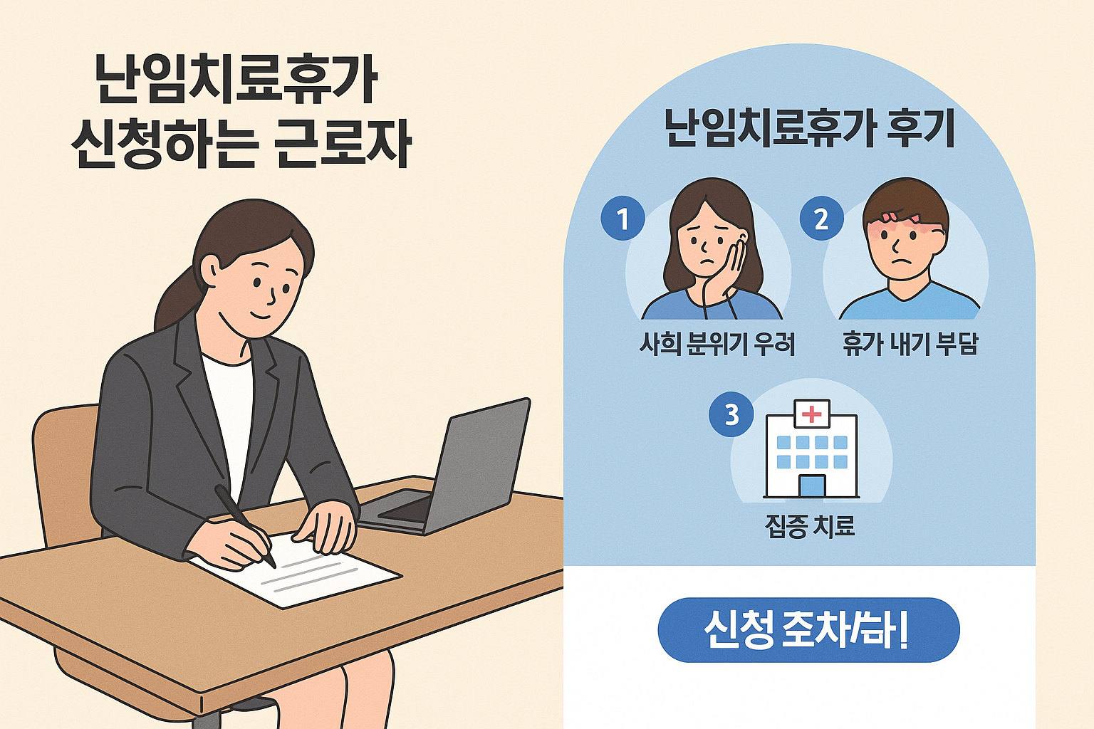 난임치료휴가를 신청하는 근로자의 모습과 휴가 후기를 설명하는 인포그래픽 