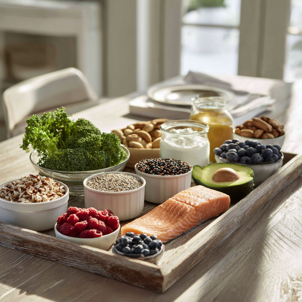 테이블 위에 차려진 혈당 낮추는 음식, 실사형 이미지