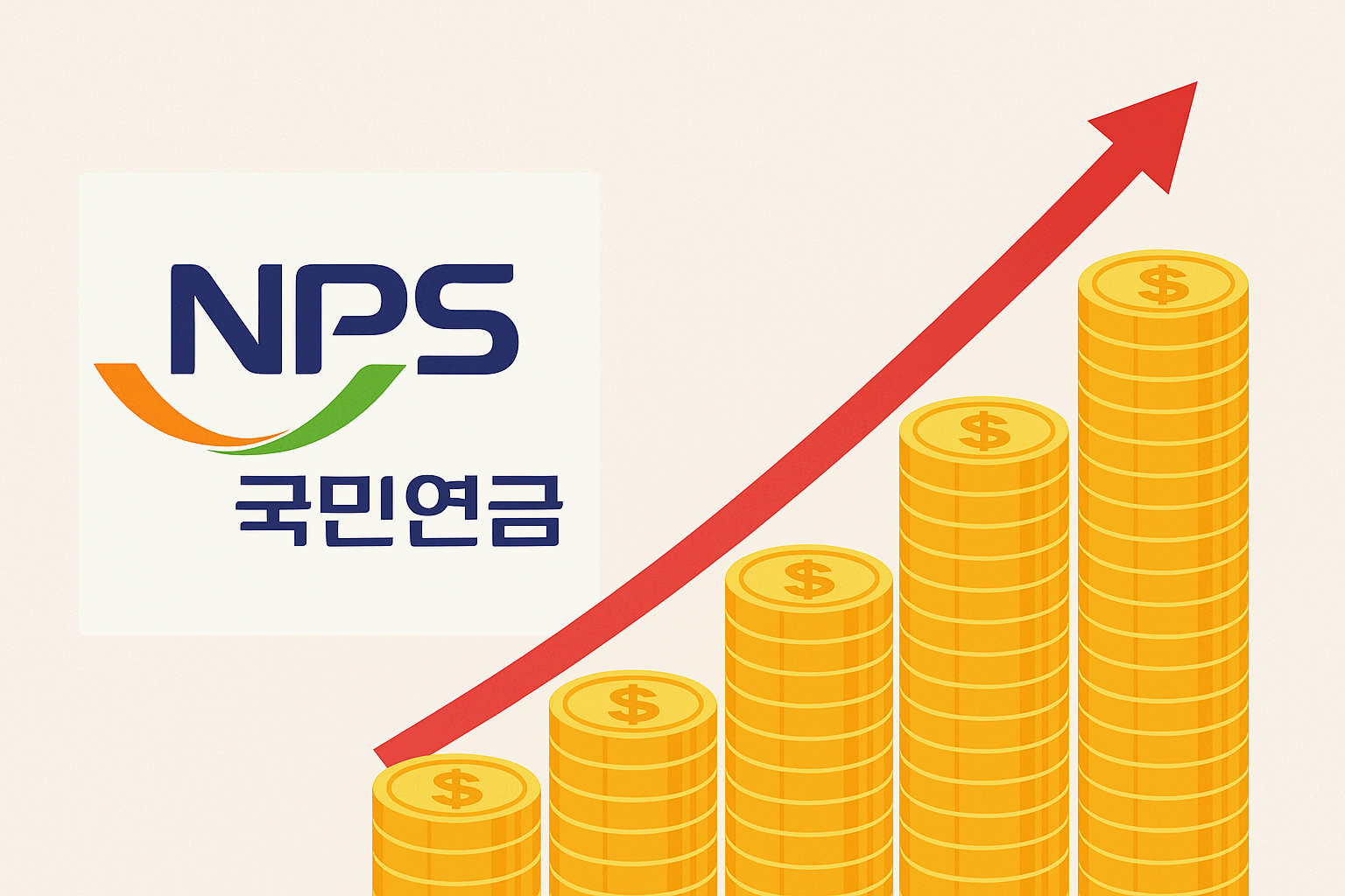 국민연금 로고와 돈 더미 그래프로 표현된 연금액 증가 이미지