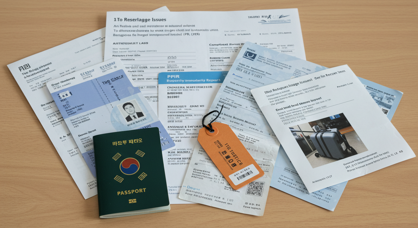 여권, 탑승권, 수하물 태그, PIR 서류, 파손 사진, 영수증 등 수하물 문제 해결을 위한 서류와 증거물.