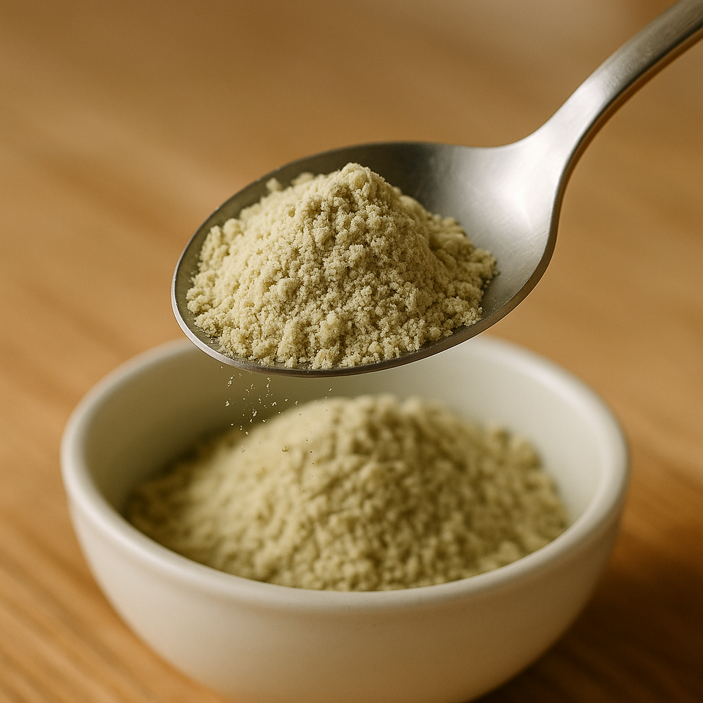 파로효소와 카뮤트효소 비교|성분·효능·섭취법·부작용 한눈정리.스푼으로 떠낸 파로효소 파우더보틀형 카뮤트효소+물 타는 장면,