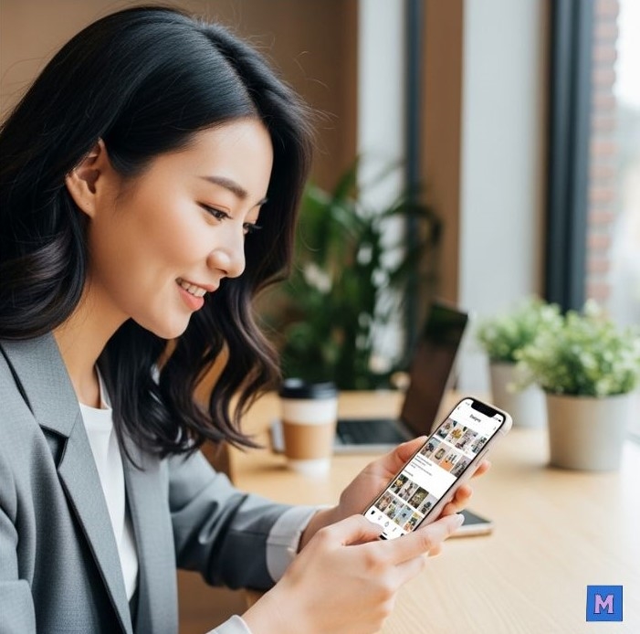 인스타그램 피드를 보며 개인 브랜드를 관리하는 여성 사업가 via Gemini