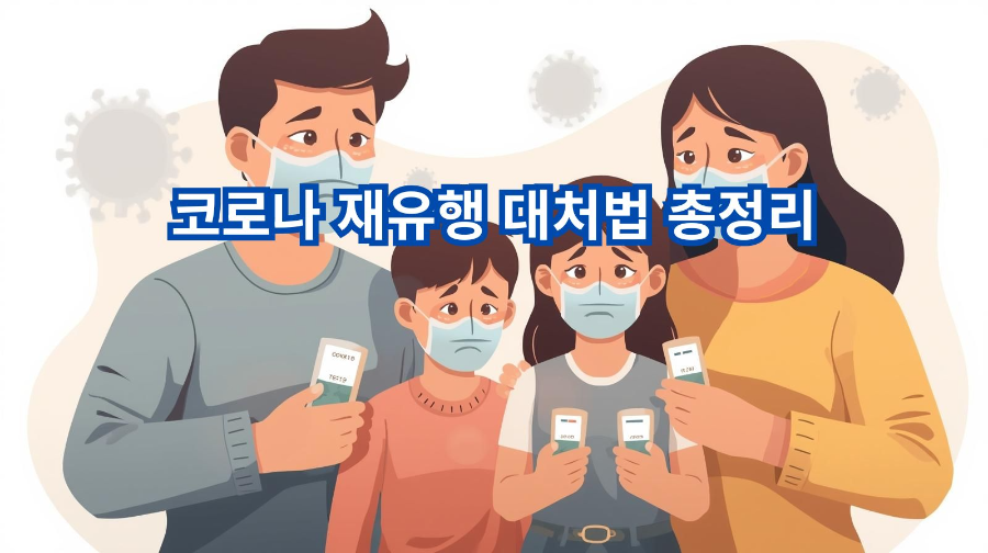 마스크를 쓴 가족이 코로나 자가검사 키트를 들고 걱정하는 모습을 표현한 일러스트