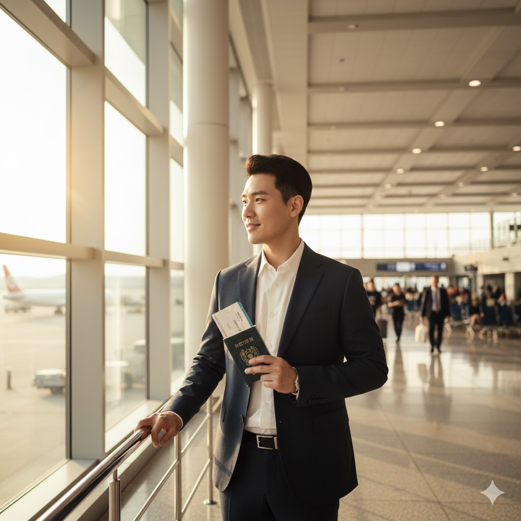 공항에서 여권을 들고 성공적으로 출국을 기다리는 행복한 한국인 남성.