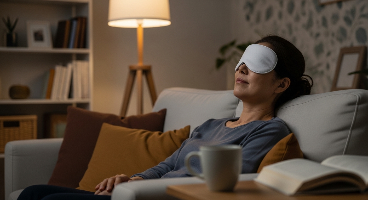 온찜질 아이마스크로 눈을 쉬게 하는 50대 여성