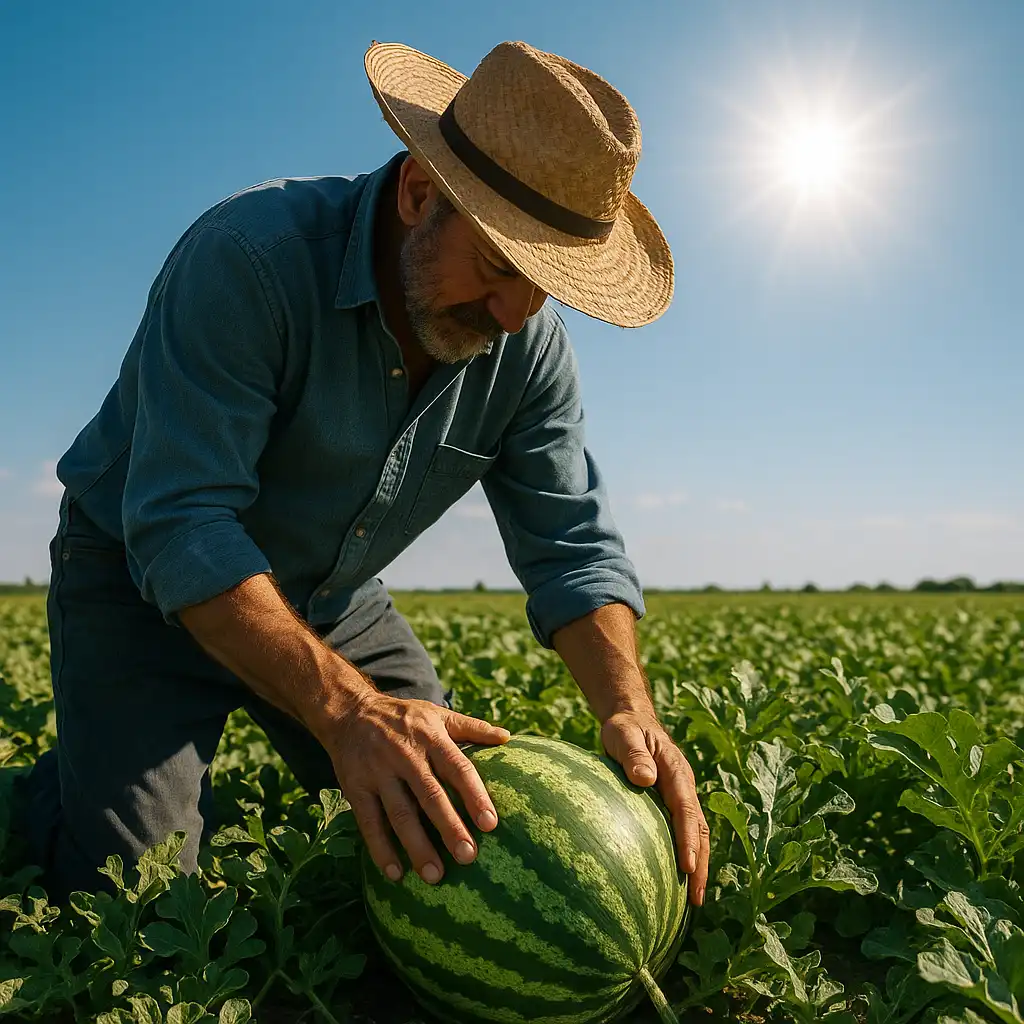 뙤약볕 아래 수박밭에서 일하는 농부의 모습