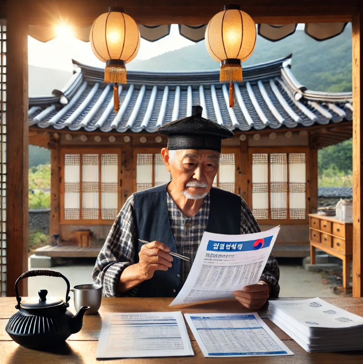 농촌의 가정에서 국민연금 보조 관련 문서를 검토하는 농부의 모습