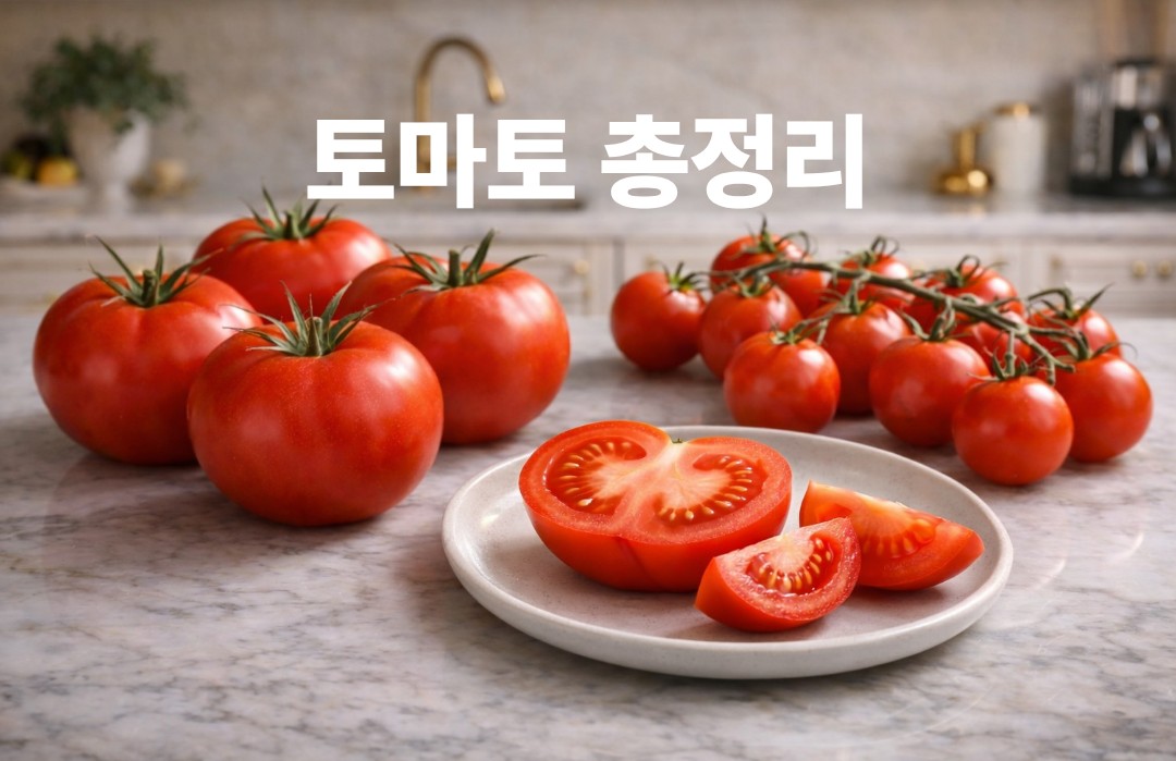 여러 개의 토마토와 방울토마토, 반으로 자른 토마토를 함께 보여주는 토마토 허브글 대표 이미지