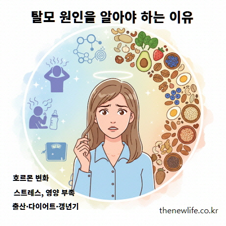 여성 탈모 원인과 호르몬 변화, 스트레스, 영양 부족을 설명하는 인포그래픽