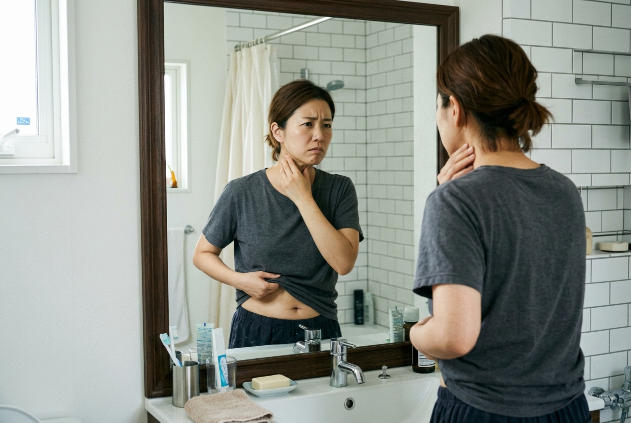 거울 앞에서 자신의 목덜미와 뱃살을 보며 심각한 표정을 짓고 있는 사람의 모습