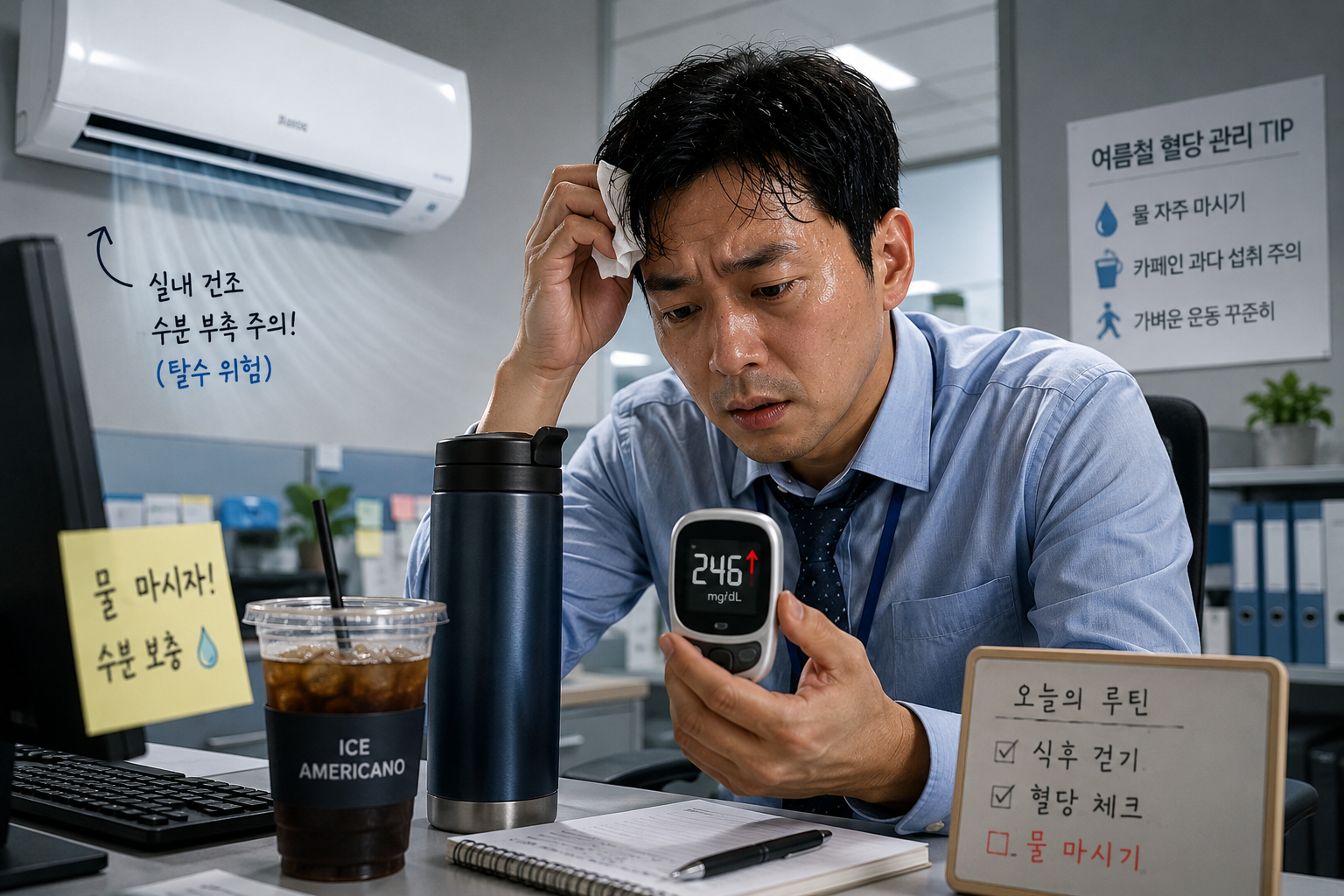 여름철 탈수로 혈당 스파이크를 겪는 당뇨 직장인의 모습