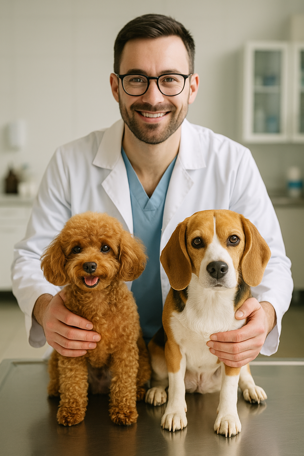 암컷과 수컷 강아지, 그리고 수의사