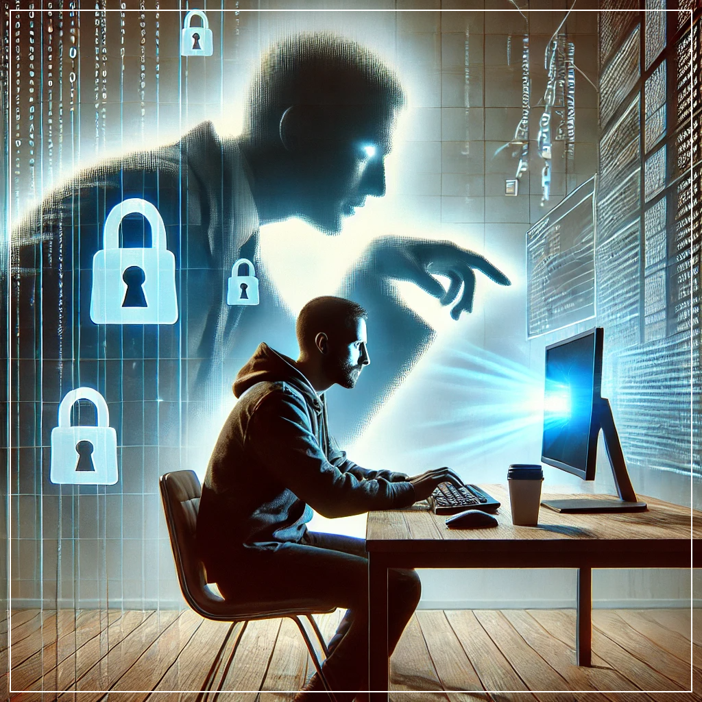 사용자가 컴퓨터를 사용하는 동안 배후에서 그림자 같은 존재가 데이터를 수집하는 모습