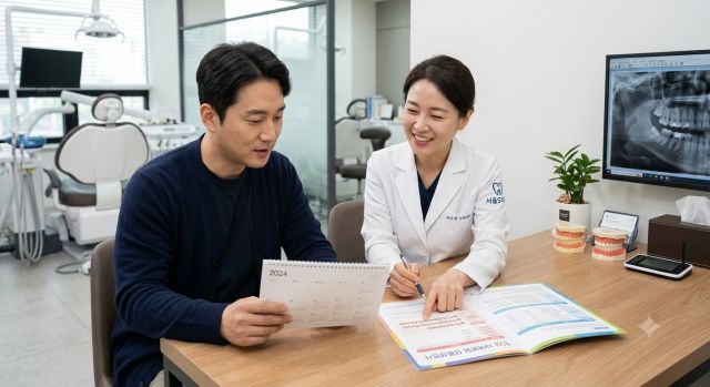치과 진료실에서 치아보험 약관과 면책기간 및 감액기간을 확인하는 모습