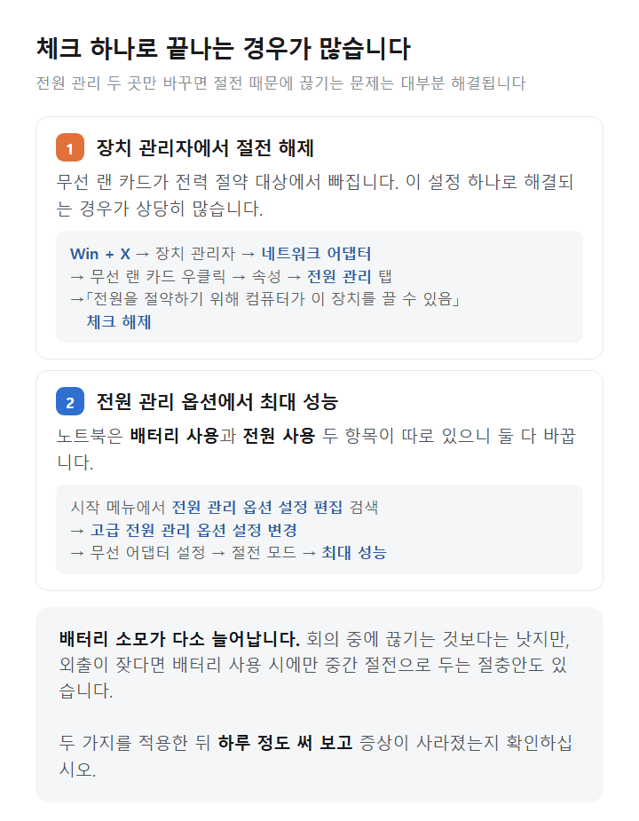 윈도우 11 와이파이 전원 관리 설정 두 곳의 이동 경로 도표