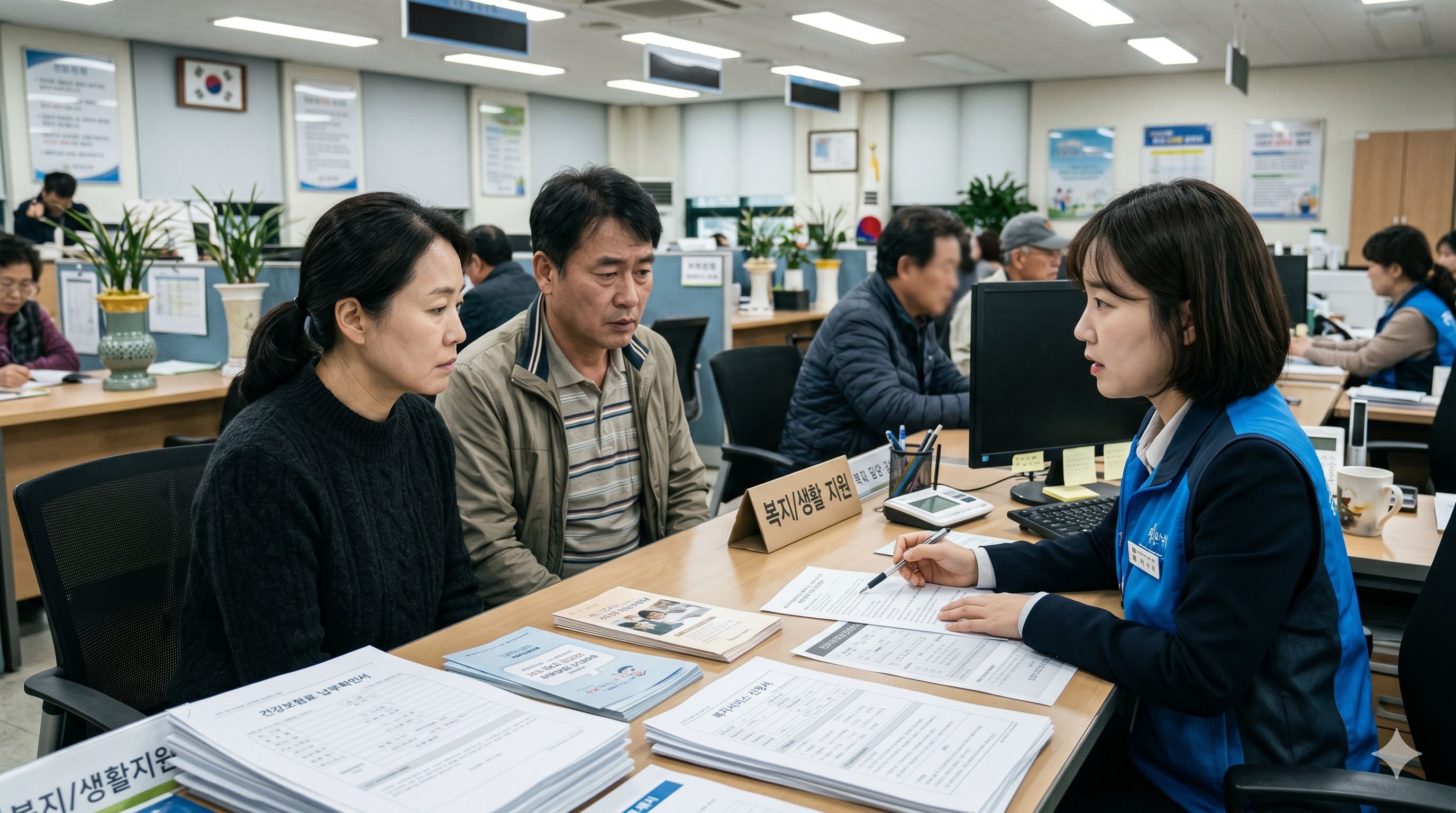 주민센터에서 건강보험료 기준과 복지 신청 조건을 상담받는 모습