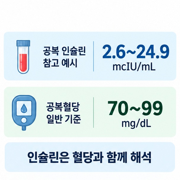 공복 혈청 인슐린 예시 참고범위 2.6에서 24.9 mcIU/mL와 검사실마다 기준이 다를 수 있음을 설명한 이미지