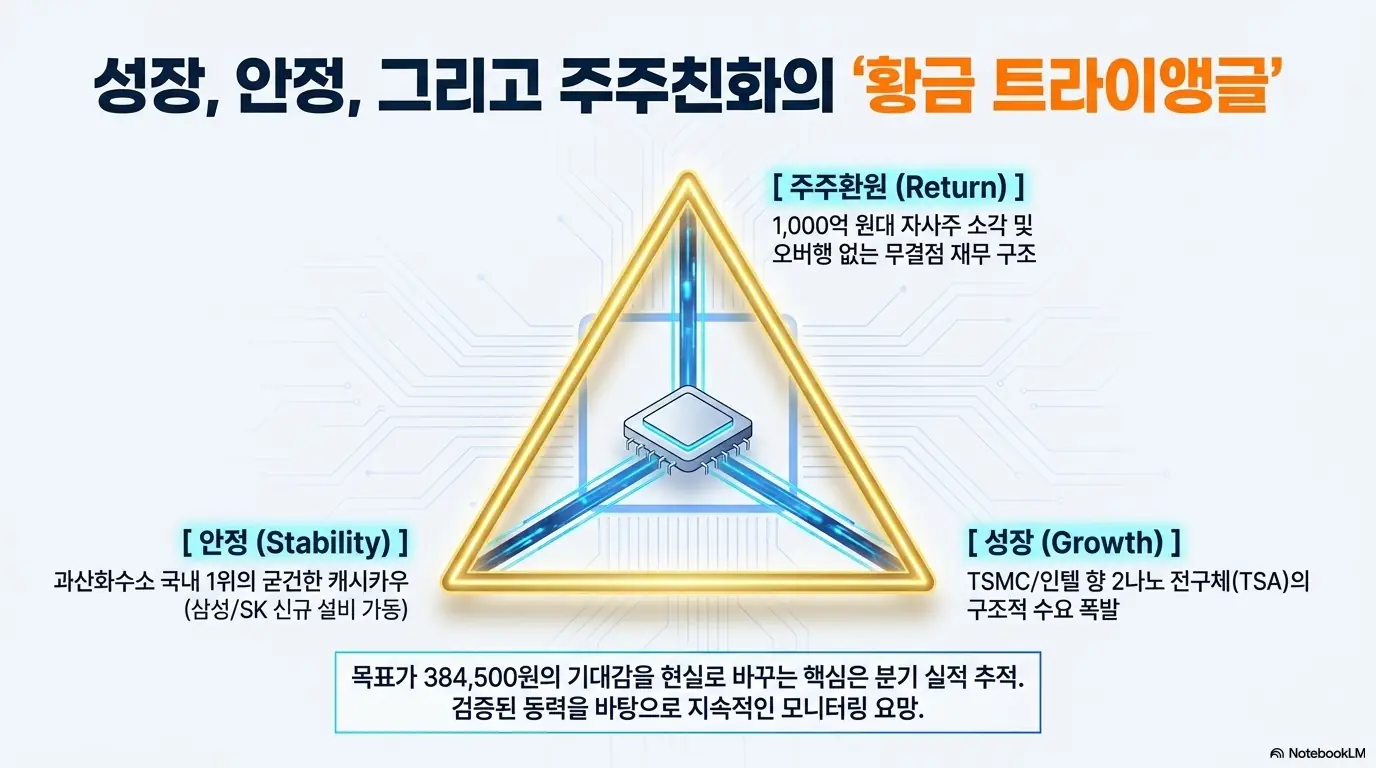 한솔케미칼 주가 전망을 성장·안정·주주환원의 황금 트라이앵글로 종합한 이미지. TSMC·인텔 2나노 전구체 수요, 과산화수소 캐시카우, 1,000억원 자사주 소각을 축으로 목표주가 384,500원과 분기 실적 추적의 중요성을 시각적으로 정리함.