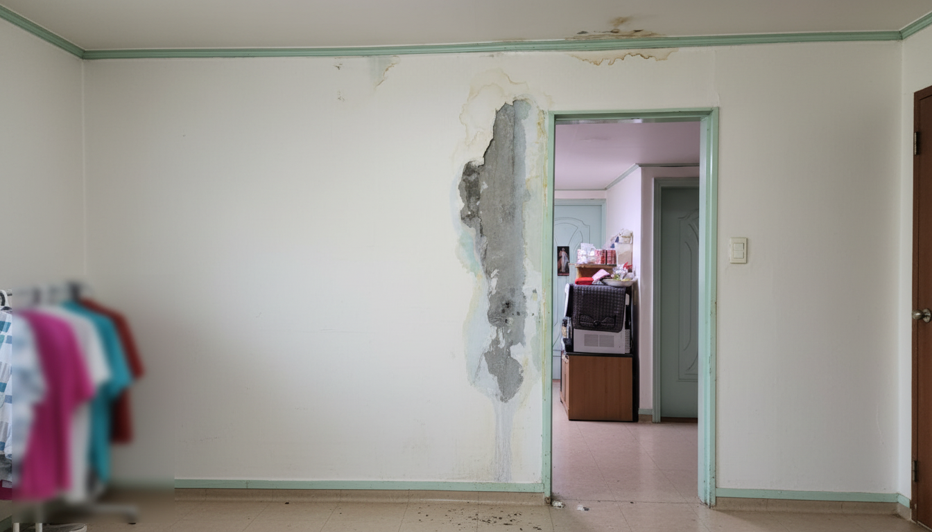 누수로인한 벽지 일어남 확인