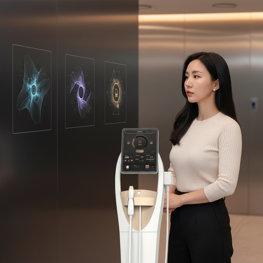 리프팅 시술 후 탄력 있고 갸름해진 턱선을 보며 만족스럽게 미소 짓는 30대 한국 여성의 모습.