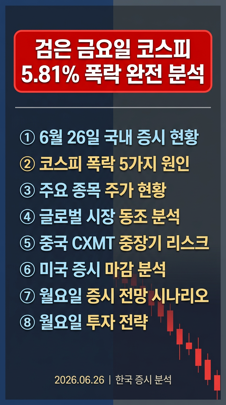 6월 26일 금요일 한국 증시, 코스피 폭락 이유, 원인 분석, 관련주 주가 전망, 월요일 증시 예측 및 투자 전략
